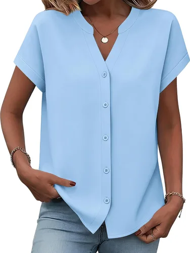 Miniatura 8 de Zeagoo Camisas con botones para mujer, camisetas de manga corta, cuello en V, blusas casuales de negocios