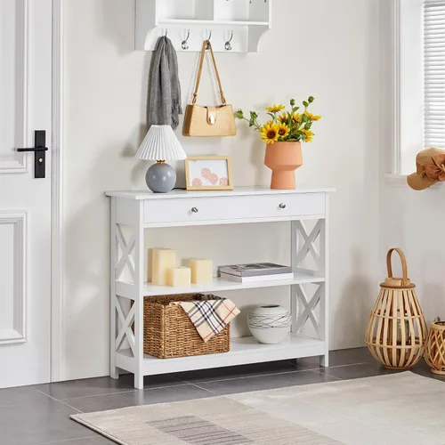Miniatura 2 de Yaheetech Mesa consola con cajón, mesa de entrada de 3 niveles con estantes de almacenamiento, mesa de sofá estrecha de madera para Blanco