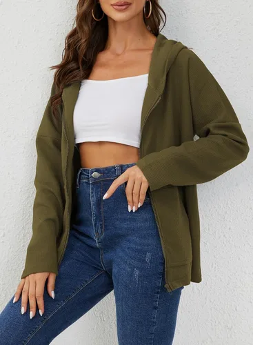 Miniatura 2 de Y YOLITEE Sudadera con capucha y cremallera de punto acanalado de manga larga para mujer
