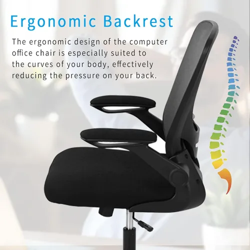 Miniatura 3 de Silla ergonómica de oficina con respaldo medio, silla de computadora de malla con soporte lumbar y reposabrazos abatibles, silla giratoria de altura