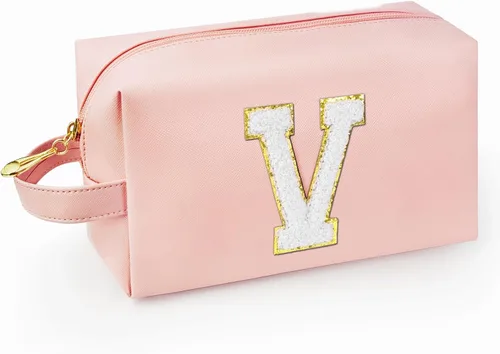 Miniatura 64 de Bolsa de maquillaje personalizada con inicial con asa, bolsa de cosméticos de preparación con bolsillo interior con cremallera, 8, 9, 10, 11, 12