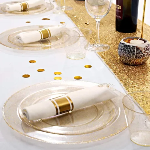 Miniatura 4 de DaYammi Juego de vajilla de 350 piezas con purpurina dorada, 50 platos de oro desechables para invitados, 50 platos llanos, 50 platos de postre, 50