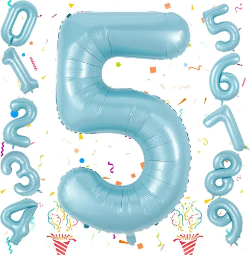 Miniatura 8 de Globos de número azul pastel de 40 pulgadas, globo gigante autoinflable de aluminio número 5 de cumpleaños para niños, globos azul bebé para hombres