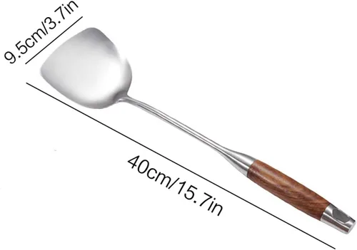 Miniatura 2 de Espátula china profesional para wok, utensilios de wok de acero inoxidable 18/10 de 15.7 pulgadas con mango de madera resistente al calor para freír