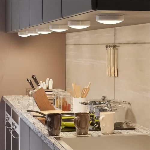 Miniatura 2 de HELPLEX Luces LED de disco con control remoto, paquete de 6 luces adhesivas RGBW que cambian de color, alimentadas con pilas, iluminación regulable