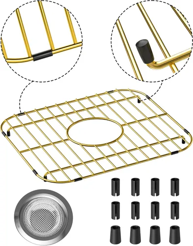 Miniatura 3 de Paquete de 2 rejillas de metal dorado para fregadero de cocina, 13"L X 11.6"W, protectores de fregadero de acero inoxidable con orificio de drenaje