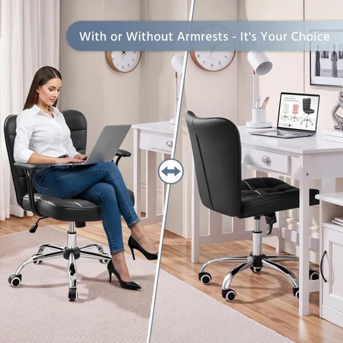 Miniatura 4 de Yaheetech Silla de escritorio de piel sintética con respaldo medio, ajustable, inclinable, moderna, tapizada, con reposabrazos acolchados Blanco