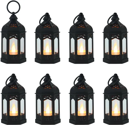 LLQ 8 mini linternas para centro de mesa, decoraciones de Ramadán, batería incluida, faroles decorativos para interiores, linterna vintage pequeña