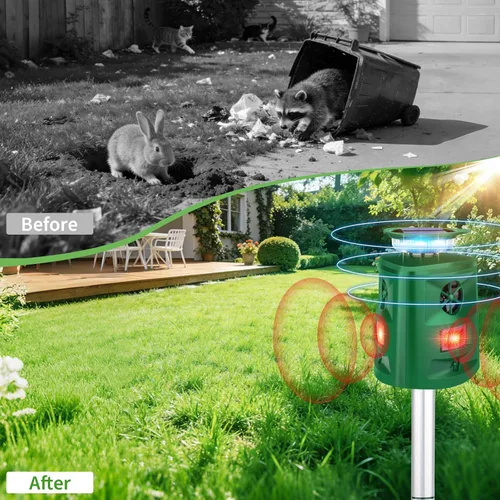 Miniatura 2 de Repelente solar ultrasónico de ciervos de ardilla, repelente de gatos al aire libre, repelente solar de animales de 360 ° con detección