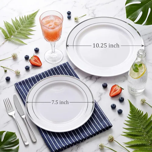 Miniatura 10 de WDF 50 platos de plástico dorado con cubiertos desechables y vasos de plástico dorados, platos de plástico cuadrados, utensilios de plástico dorado