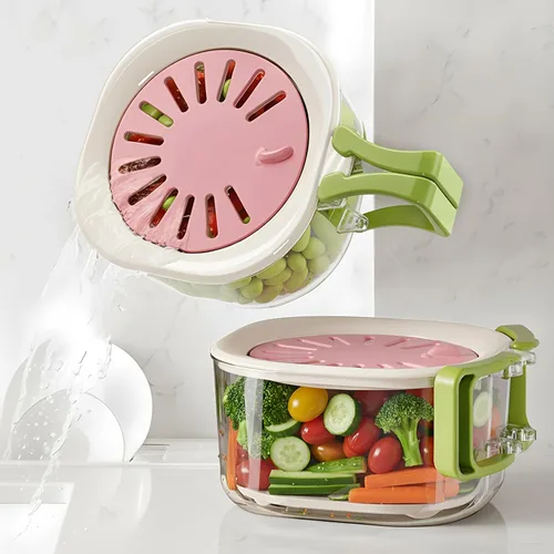Cuenco para lavar frutas y verduras con colador, conservador de lechuga y bayas para organización del refrigerador, colador portátil para Rosa-2