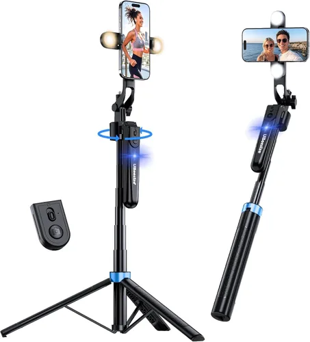 UBeesize Trípode de seguimiento facial automático de 70 pulgadas, rotación de 360° con soporte, trípode para teléfono con luz de relleno, palo para