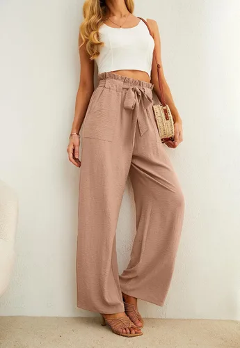 Miniatura 3 de IWOLLENCE - Pantalones de pierna ancha para mujer con bolsillos, cintura alta, nudo ajustable, holgados, casuales, para trabajo y negocios