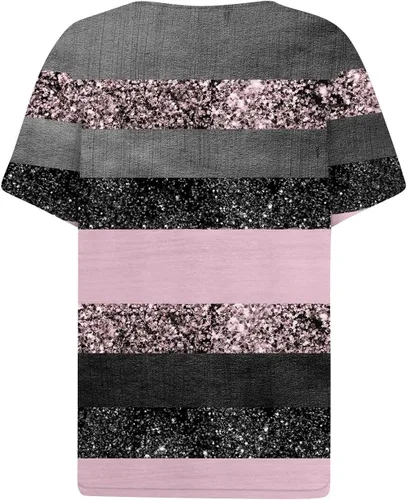 Miniatura 5 de Camisetas de lentejuelas para mujer, manga corta, cuello en V, para verano, casual, a la moda, con estampado brillante, blusas básicas