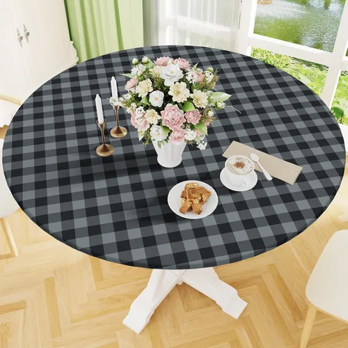 Miniatura 25 de Smiry - Mantel redondo de picnic de vinilo elástico impermeable con respaldo de franela, mantel de vinilo ajustable para mesas de 31-35 pulgadas