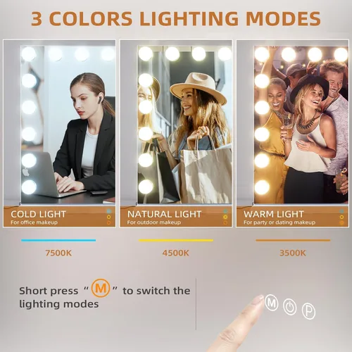 Miniatura 2 de Hansong 32x23'' Espejo grande de tocador con control de selfie Bluetooth, espejo ultra delgado estilo Hollywood con 18 bombillas, espejo