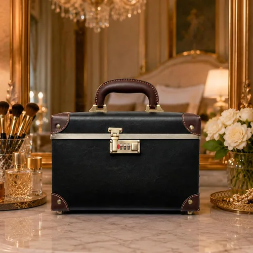 Miniatura 8 de urecity Estuche de maquillaje vintage de piel artificial, organizador profesional de cosméticos con cerradura de combinación de metal, caja