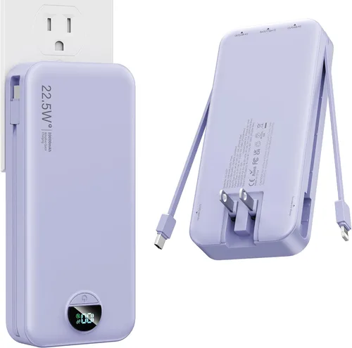 Cargador portátil, 20000 mAh 22.5 W, cargador de energía de carga rápida con cables integrados y enchufe de pared, batería externa USB C con Púrpura