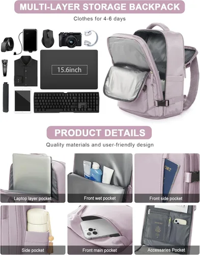 Miniatura 4 de VGCUB Mochila Grande de Viaje para Trabajo y Negocios Equipaje de Mano Aprobado para Vuelo Mochila para Laptop para Mujeres y Hombres Mochila de Rosa