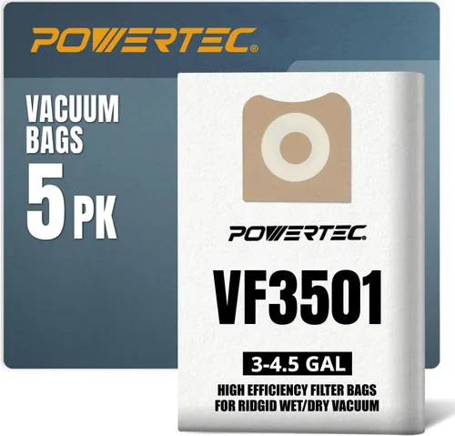 POWERTEC VF3501 - Bolsas de aspiradora tamaño C para Ridgid, paquete de 5, 3-4.5 galones, 23738 bolsas de vacío para Ridgid 4000RV, WD40700 Wet Dry