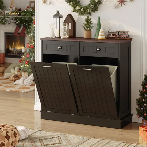 Miniatura 8 de KIGOTY Gabinete de Basura de Doble Inclinación Hacia Afuera, Gabinete de Basura a Prueba de Mascotas con Encimera y Cajón, Gabinetes de Basura