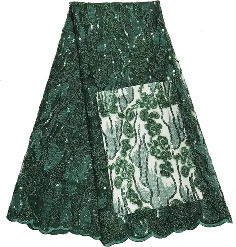 Tela de encaje de lentejuelas elegante bordado floral africano encaje purpurina nigeriana tul red para coser vestido de novia, 5 yardas, verde