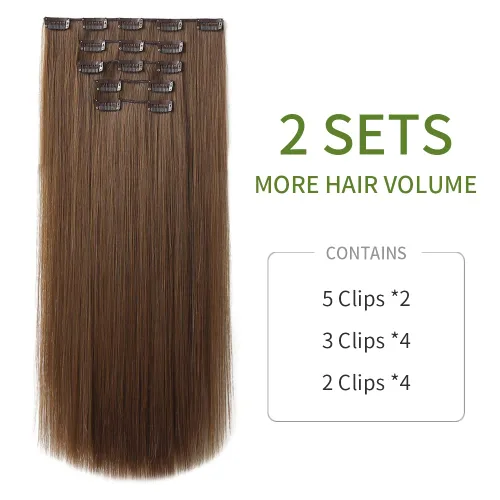 Miniatura 2 de Extensiones de cabello castaño lacio, 2 juegos de extensiones de cabello con clip para mujeres, Halloween, 5 piezas de 22 pulgadas, piezas