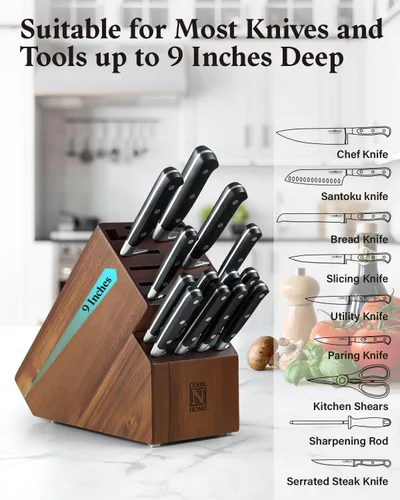 Miniatura 3 de Cook N Home Bloque de almacenamiento de cuchillos de madera de acacia sin cuchillos, 20 ranuras, soporte universal para cuchillos de encimera