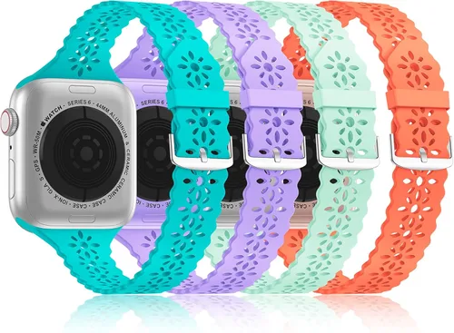 Miniatura 16 de Bandiction - Paquete de 4 correas de silicona de encaje compatibles con Apple Watch de 38mm 40mm 41mm 42mm 44mm 45mm 46mm 49mm, correa delgada