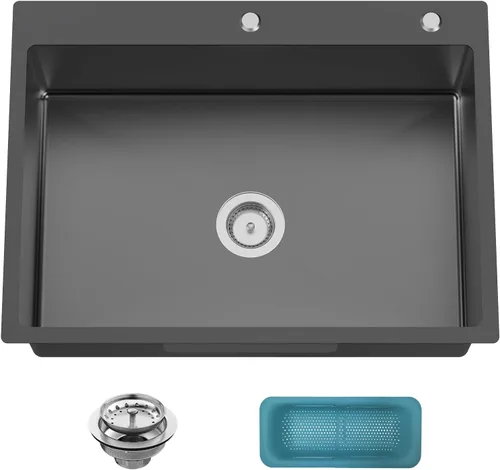 Miniatura 21 de Fregadero Negro de Cocina y Bar, Fregadero de Cocina de Acero Inoxidable de 15 x 17 Pulgadas para Empotrar, Fregadero de Bar Moderno de Un Solo