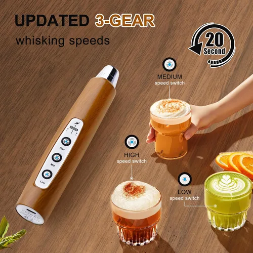 Miniatura 3 de YUSWKO Varita espumadora de leche de mano de grano de madera para café, batidor eléctrico recargable con 3 cabezales, 3 velocidades, mezclador