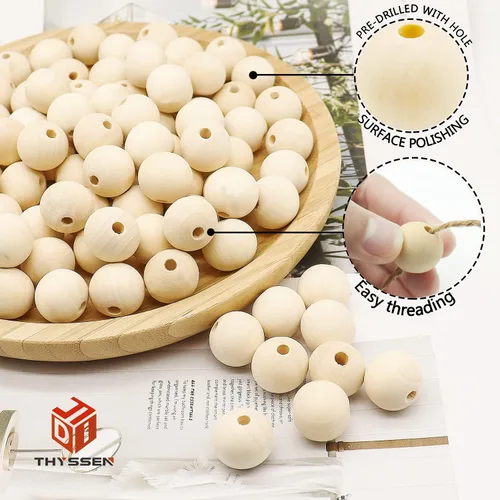 Miniatura 3 de THYSSEN 500 cuentas de madera de 0.78 pulgadas para manualidades, cuentas sueltas redondas naturales sin terminar se utilizan para hacer guirnaldas