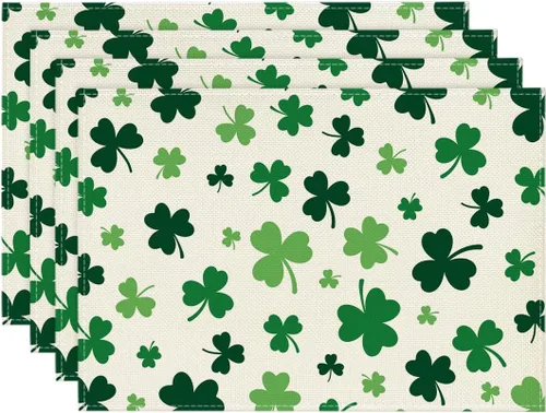 Artoid Mode Juego de 4 manteles individuales del día de San Patricio con trébol beige de 12 x 18 pulgadas para decoración de fiestas, cocina, comedor