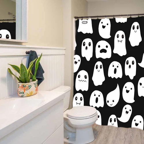Miniatura 4 de Cortina de ducha fantasma de Halloween de 72 x 72 pulgadas, espeluznante y divertida, iconos de fantasmas de dibujos animados, tela blanca y negra, 1