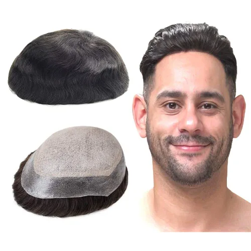 Lordhair Sistema de cabello para hombres inyectado de piel fina cabello humano unido con encaje de diamante, 8 x 10 pulgadas, tamaño base, tupé #1A