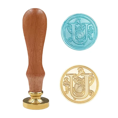 Miniatura 25 de Sello clásico de cera para sellar varios alfabetos, cabeza de latón, mango de madera, sellos para tarjeta/sobre/regalo (sello, letra V)