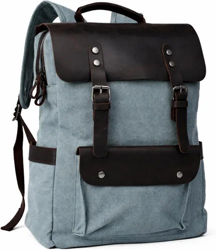 Miniatura 9 de Mochila de lona vintage con cuero de vaca de grano superior, bolsa de trabajo para portátiles de 16 pulgadas, Verde militar, Mochilas de viaje