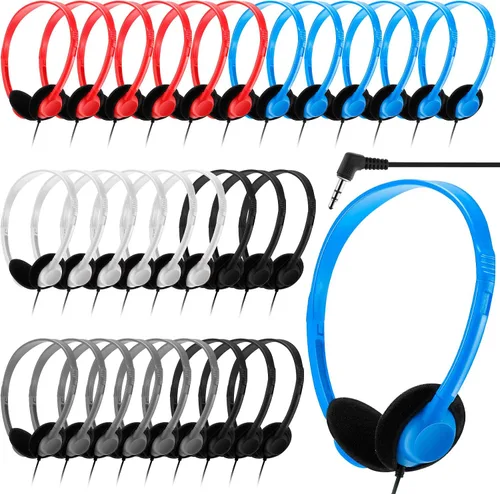 Miniatura 10 de Yunsailing Paquete de 20 auriculares a granel con diadema ajustable de 0.138 in, auriculares para programas de aprendizaje, laboratorio de Negro