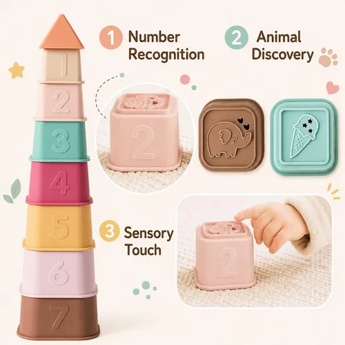 Miniatura 4 de Tazas Apilables para Bebés, Juguetes de Apilar de Silicona, Torre Educativa de Construcción para Bebés 6M+, Bloques de Construcción Blandos