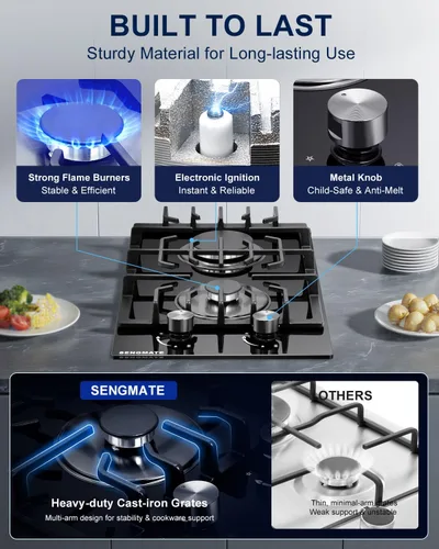 Miniatura 5 de Placa de cocina de gas de 12 pulgadas, estufa de gas de 2 quemadores, instalación integrada o de encimera, vidrio templado negro, convertible a