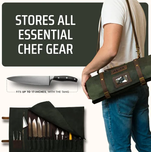 Miniatura 4 de Asaya Bolsa de lona encerada para cuchillos – Bolsa para cuchillos de chef de 15 ranuras con correas de cuero, bolsillo grande con cremallera y Verde
