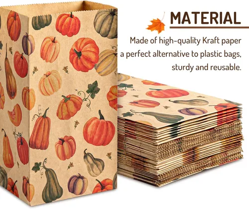 Miniatura 3 de Whaline 48 bolsas planas de otoño para golosinas, papel kraft, calabazas, hojas de arce, girasoles, nueces, bolsa de regalo para regalos de fiesta