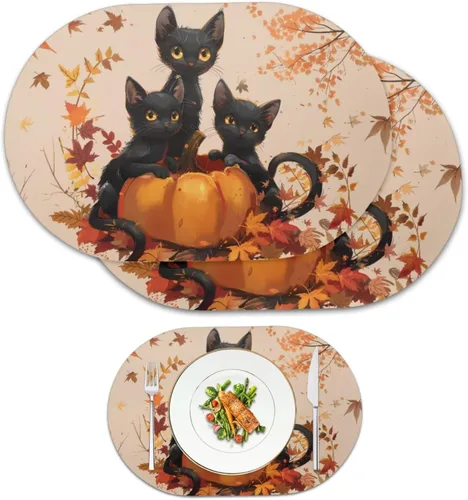 Miniatura 14 de Non Slip Placemats Set of 6 Pumpkin Mushroom Theme Waterproof Wipeable Faux Leather for Thanksgiving Family Feast Heat Resistant Dining Table Mats