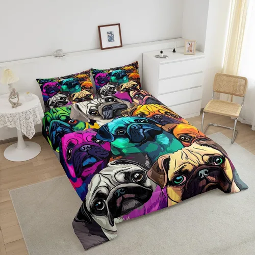 Miniatura 4 de Juego de edredón con diseño de Pug encantador, juego de cama con dibujos de perros Pug coloridos para niños y niñas, edredón de plumón con 1 edredón