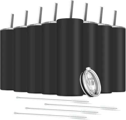 Miniatura 10 de Paquete de 6 vasos delgados de acero inoxidable, vaso de agua de doble aislamiento de 20 onzas con 6 popotes y 3 cepillos, taza de viaje al vacío