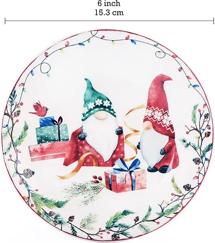 Miniatura 2 de Bico - Juego de 6 platos de aperitivo de gnomos navideños, 6 pulgadas, pequeños platos de postre de cerámica para bocadillos, ensalada, decoración