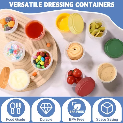 Miniatura 2 de Yomarket 6 piezas 2 oz Recipiente de aderezo de ensalada, recipientes de condimentos reutilizables con tapas a prueba de fugas, pequeños recipientes