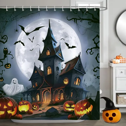 Miniatura 2 de Bonhause Cortina de ducha de Halloween, castillo espeluznante, fantasma, calabaza, farol, murciélago, luna llena, cortina de baño de 72 x 72