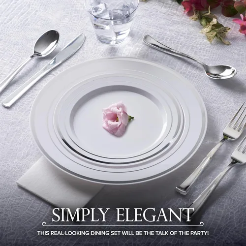Miniatura 5 de Juego de platos desechables para cena y postre, 200 piezas (10 + 7 pulgadas), elegantes platos de plástico blanco y plateado para fiestas y bodas