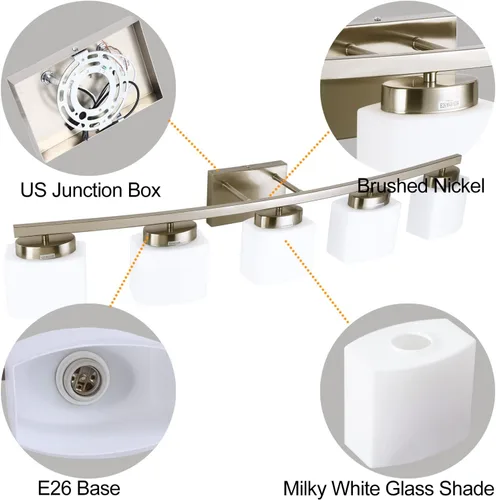 Miniatura 2 de Lámpara de tocador de níquel cepillado de 4 luces con pantalla de vidrio blanco para baño sobre espejo, 31.5 pulgadas